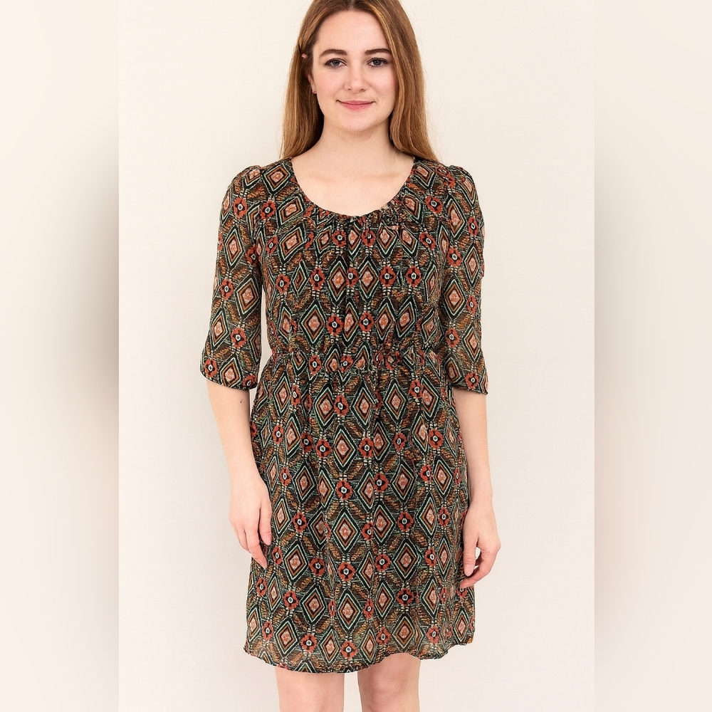 Christmas Western Tribal Aztec Bohemian Geometric Print Dress Red Green Sz Small